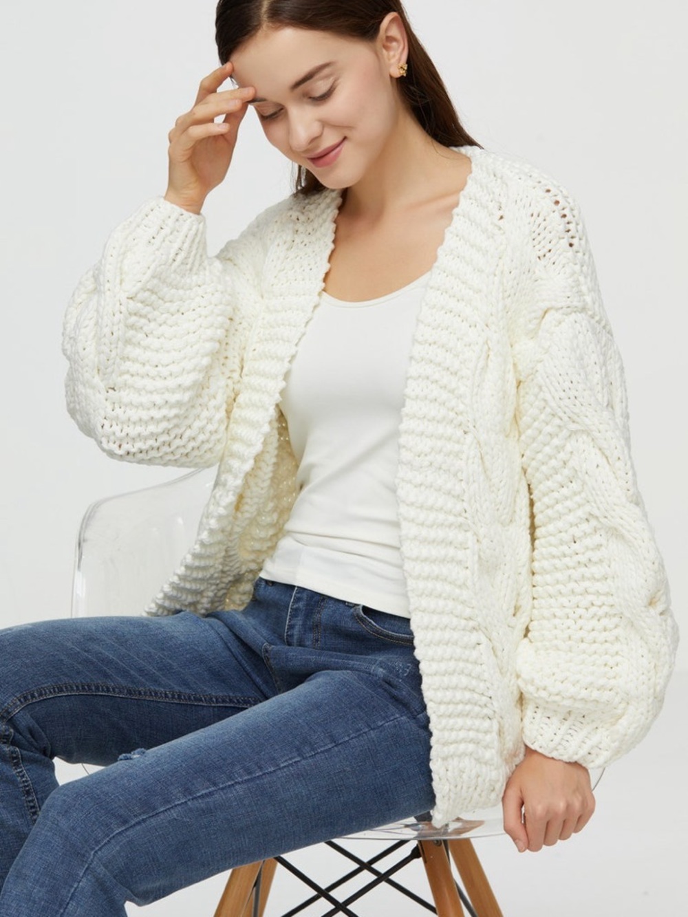 Chunky Cable Knit Open Cardigan Sweater - White